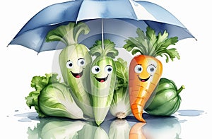 Illustration of happy vegetables under an umbrella