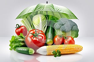 Illustration of happy vegetables under an umbrella