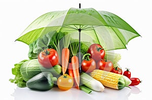 Illustration of happy vegetables under an umbrella