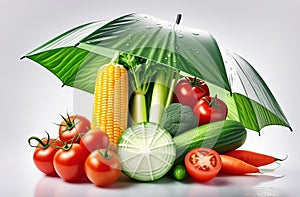 Illustration of happy vegetables under an umbrella