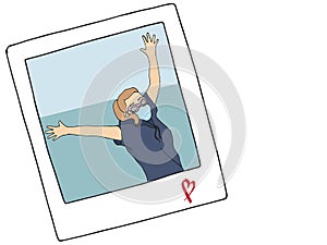 Illustration of happy woman using face mask at the beach - Celebrating the ending of quarantine