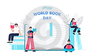 Illustration of a happy world book day concept. Modern young people read books.