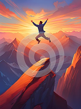 illustration of happy young man jumping over mountain peak