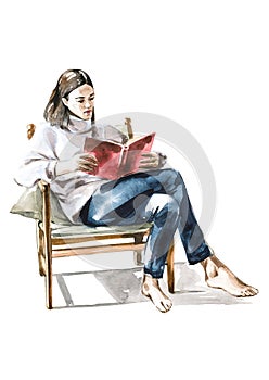 Illustration of happy young woman chilling on chair with book. Time to read