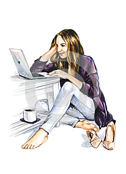 Illustration of happy young woman working on laptop and drinking tea or coffee