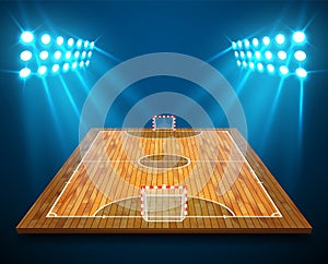 An illustration of hardwood perspective Futsal court or field with bright stadium lights design. Vector EPS 10. Room for copy