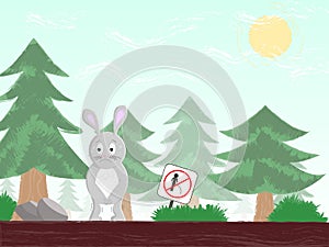 An illustration of a hare in the woods who wants to go pee, but there is a forbidding sign. Illustration for a book or education.