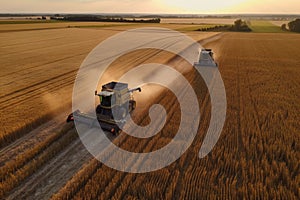 Illustration of harvester harvest wheat on a yellow field. Harverster working in the field. Agriculture filed harvesting wheat.