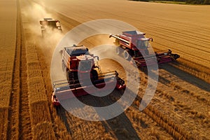 Illustration of harvester harvest wheat on a yellow field. Harverster working in the field. Agriculture filed harvesting wheat.