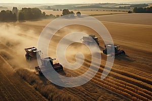 Illustration of harvester harvest wheat on a yellow field. Harverster working in the field. Agriculture filed harvesting wheat.