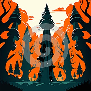 Illustration of a haunted halloween castle with silhouettes of trees AI Generated