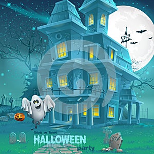 Illustration of a haunted house for Halloween for a party with ghosts