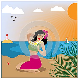 Illustration with Hawaiian woman sitting on the beach.