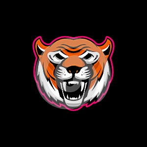 Illustration of head of angry tiger mascot. Design element for logo, label, sign, poster, t shirt.