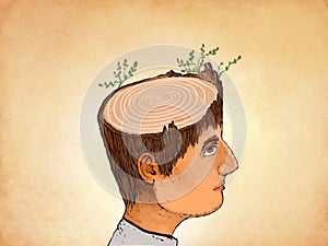 Illustration of a head with a cut from a tree, with grass sprouts. Metaphor Theories problems, issues change of life, stupidity