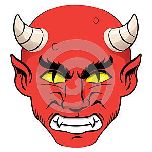 Illustration of the head of a demon, red with a nervous guy with horns and yellow eyes. Ideal for institutional and religious