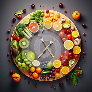 Illustration of healthy food concept, balanced diet, intermittent fasting. Clock made of fresh fruits and vegetables on dark