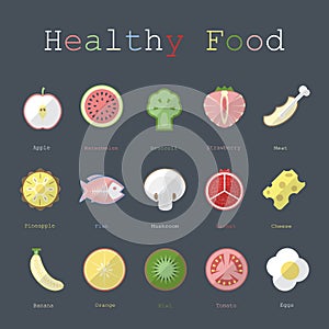 Illustration of healthy food in flat design with text