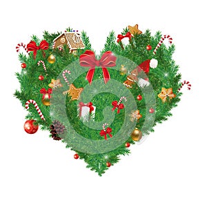 Illustration of Heart shaped Christmas pine with various Christmas items