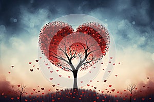 illustration of a heart-shaped tree with hearts around. Spring and love. Generative AI