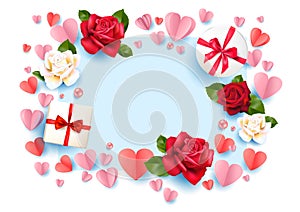 Illustration with hearts, gift boxes and roses.