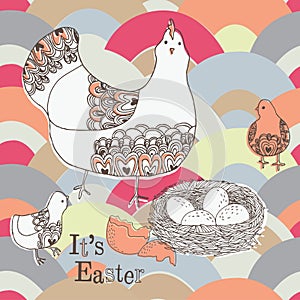 Illustration of hen, chicks, nest with eggs