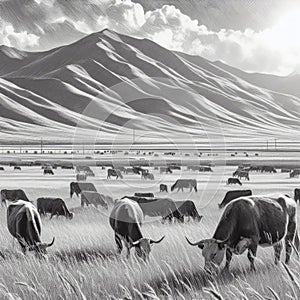 Illustration of a herd of cows grazing in a large open pasture