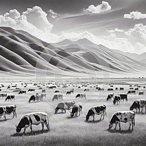 Illustration of a herd of cows grazing in a large open pasture