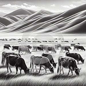 Illustration of a herd of cows grazing in a large open pasture
