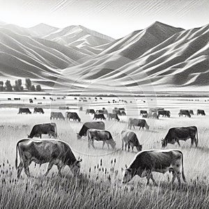 Illustration of a herd of cows grazing in a large open pasture