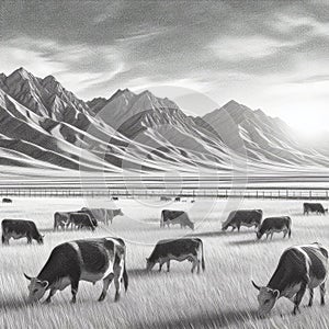 Illustration of a herd of cows grazing in a large open pasture