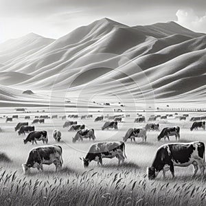 Illustration of a herd of cows grazing in a large open pasture