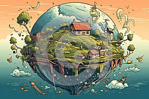 Illustration highlighting the environmental benefits of solar energy, such as reducing greenhouse gas emissions, conserving