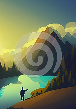 An Illustration of a Hiker in a Stunning Mountain Landscape At Sunset