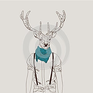 Illustration of hipster deer dressed up in shirt with a turquoise scarf. furry art illustration, fashion animals