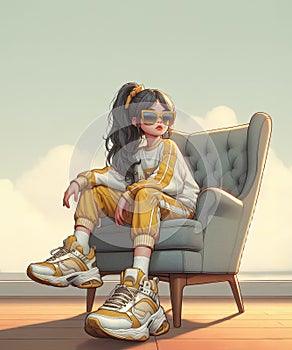 illustration hipster girl gold clothing sited on a chair