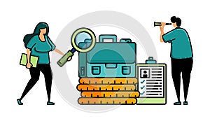 illustration of hiring with briefcase on a pile of coins for a metaphor of looking for a job vacancies in financial services and