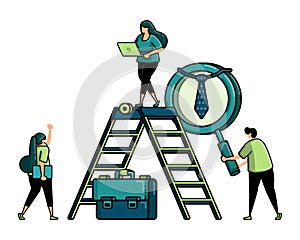 illustration of hiring with ladder above briefcase for the metaphor of climbing the career and job vacancies with higher positions