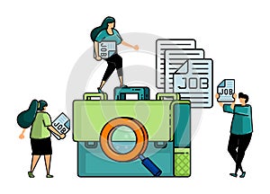 illustration of hiring with magnifying glass in the middle of briefcase and pile of files marked jobs. people around as applicants
