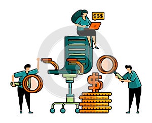 illustration of hiring with the pile of coins and office chair to look for office job vacancies in the financial services and