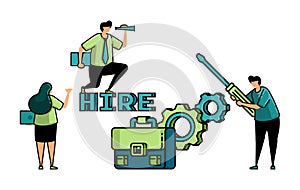 illustration of hiring with the words hire and People circle briefcases on cogwheels to apply for vocational and engineering jobs