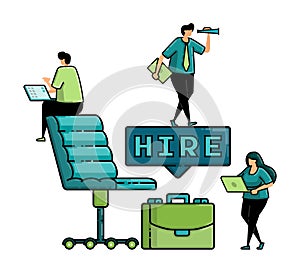 illustration of hiring with the words HIRE and work chair on top of briefcase for metaphor of people looking for job vacancies in