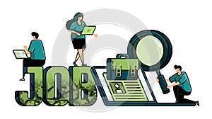 illustration of hiring with the words JOB in 3d and briefcase that coming out from laptop. metaphor for job applicants looking for