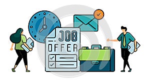 illustration of hiring with the words JOB OFFER on application form. metaphor for applicants filling out job application forms and