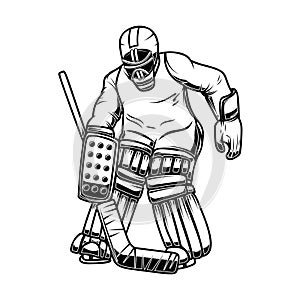 Illustration of hockey goalkeeper. Design element for logo, label, emblem, sign, poster, banner. card, t shirt