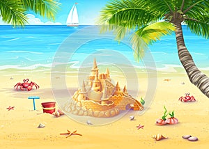 Ilustraciones día festivo de acuerdo a el mar arena castillo a feliz hongos 