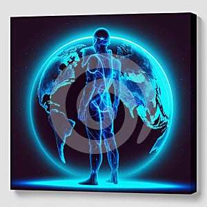illustration hologram spheres planet earth and man .abstraction research.