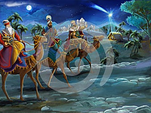 The illustration of the holy family and three kings - traditional scene - illustration for the children