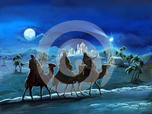 The illustration of the holy family and three kings - traditional scene - illustration for the children