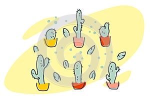 Illustration with home plants. Home garden with cacti